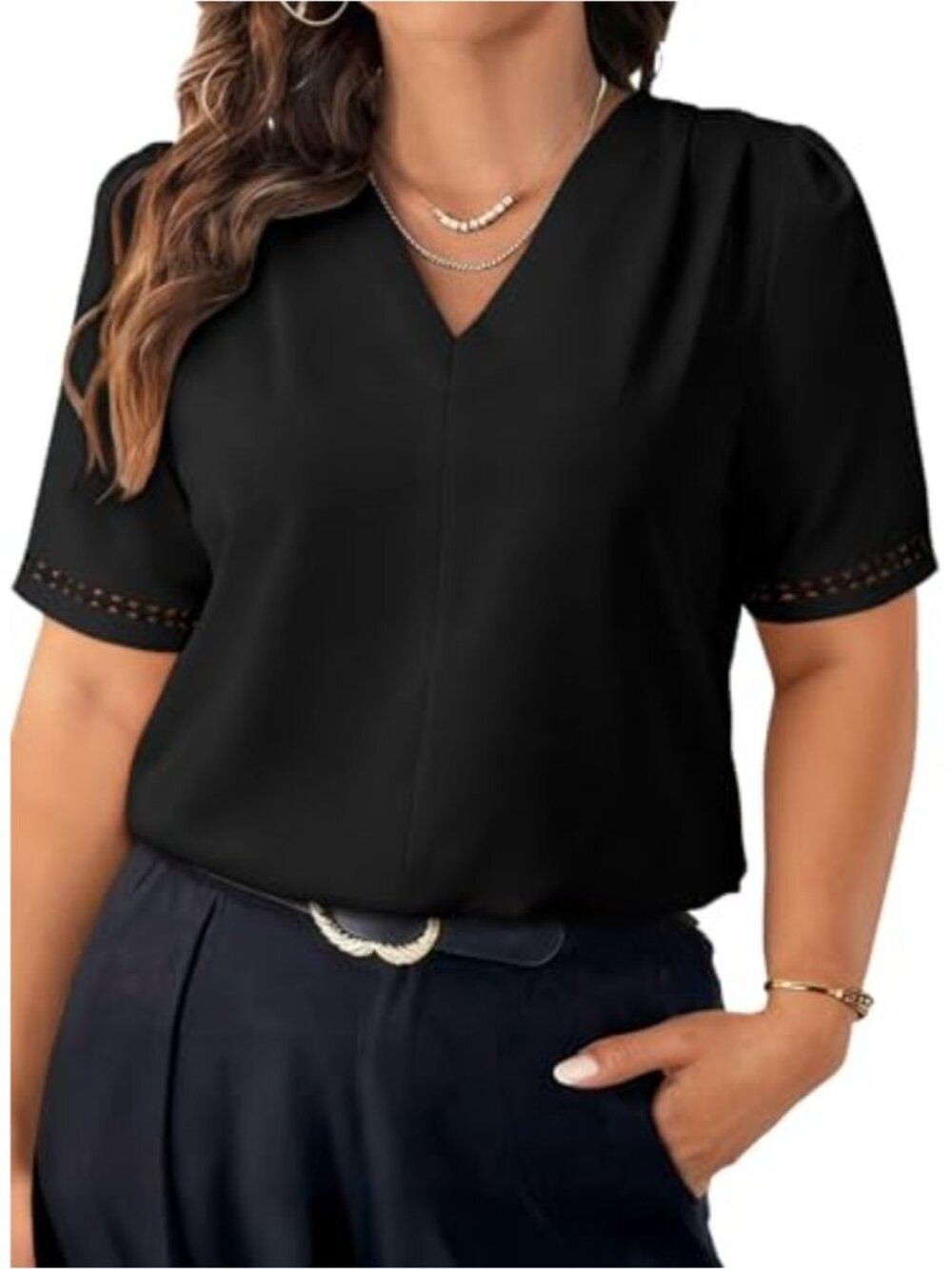 Plus Size Pleated V-Neck Short Sleeve Blouse with Lace Trim